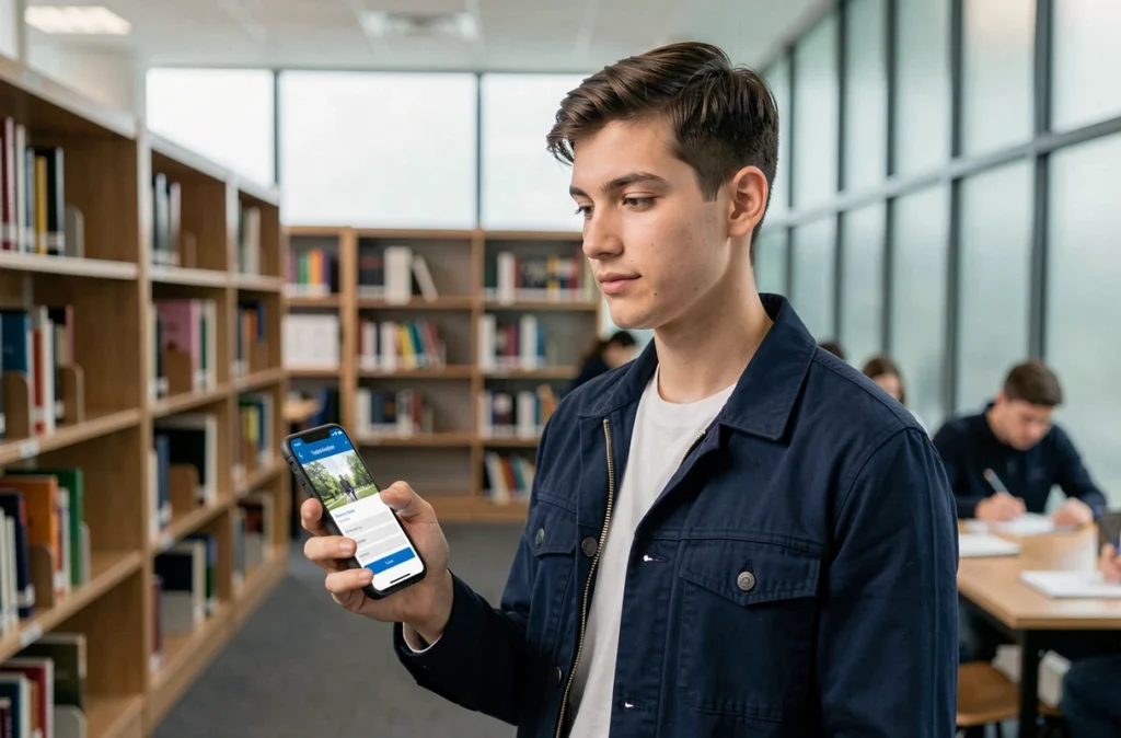 Étudiant accédant à My Digital Campus ESME sur son smartphone dans une bibliothèque universitaire moderne