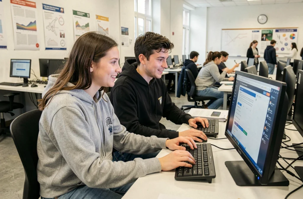 Deux étudiants de l'ESME consultant My Digital Campus ensemble dans une salle informatique universitaire