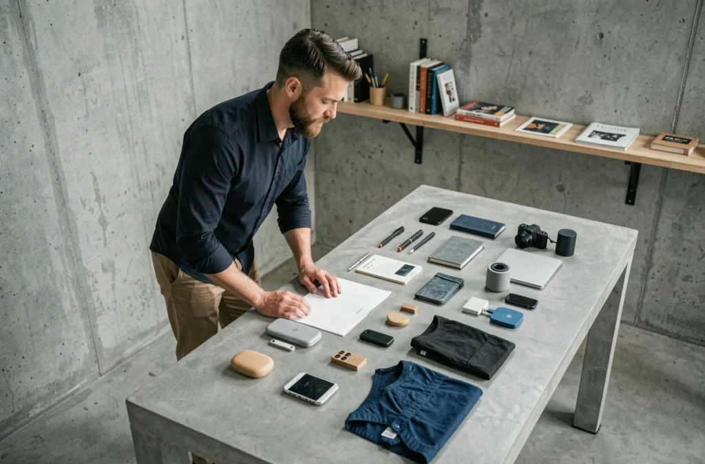 Homme examinant des références produits variées sur une surface en béton dans un atelier minimaliste