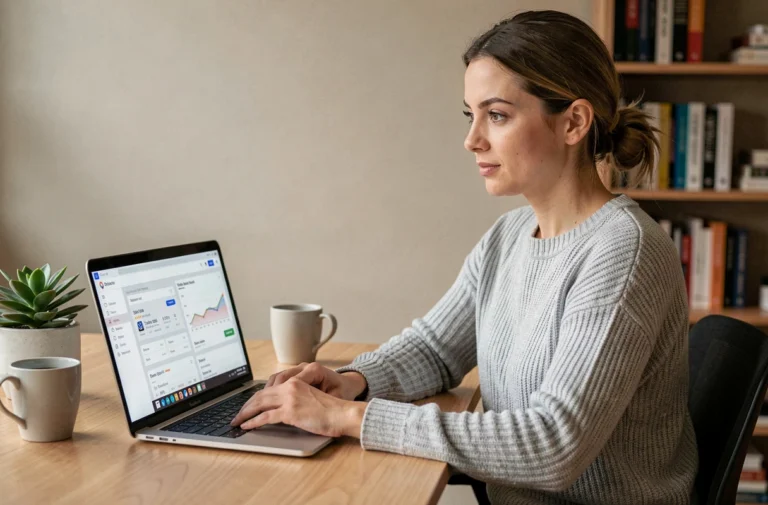 Femme gérant son espace client Free sur un ordinateur portable depuis son bureau à domicile