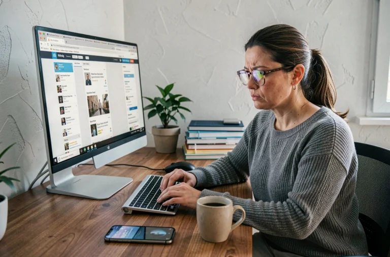 Femme dépassée par le flux d'informations numériques devant un ordinateur dans un bureau à domicile