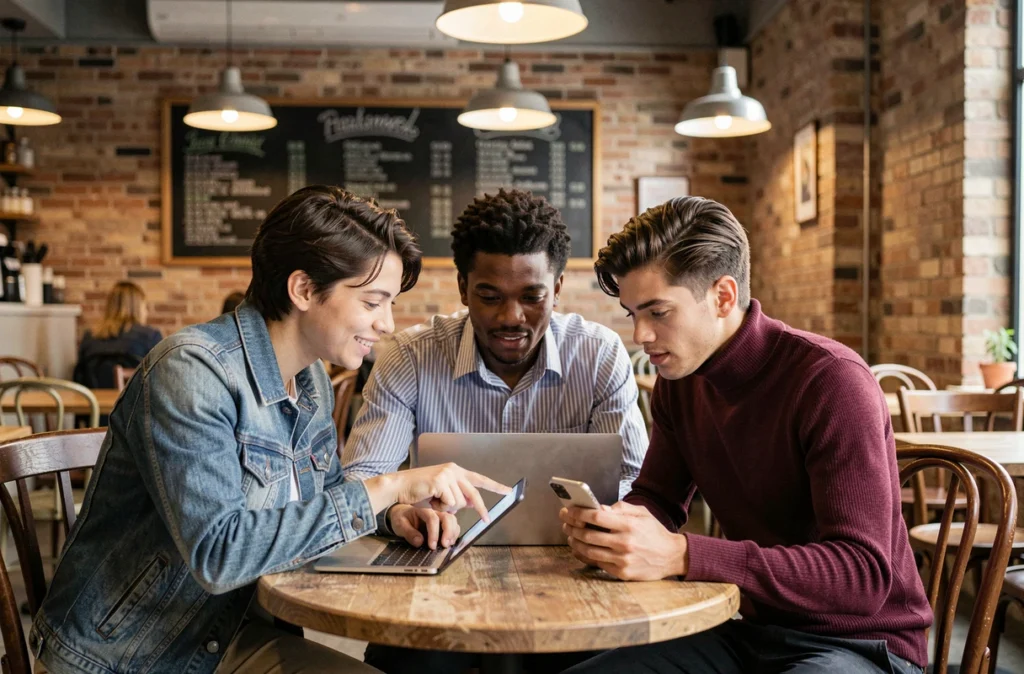 Groupe de jeunes professionnels analysant des sources d'information sur leurs appareils numériques dans un café