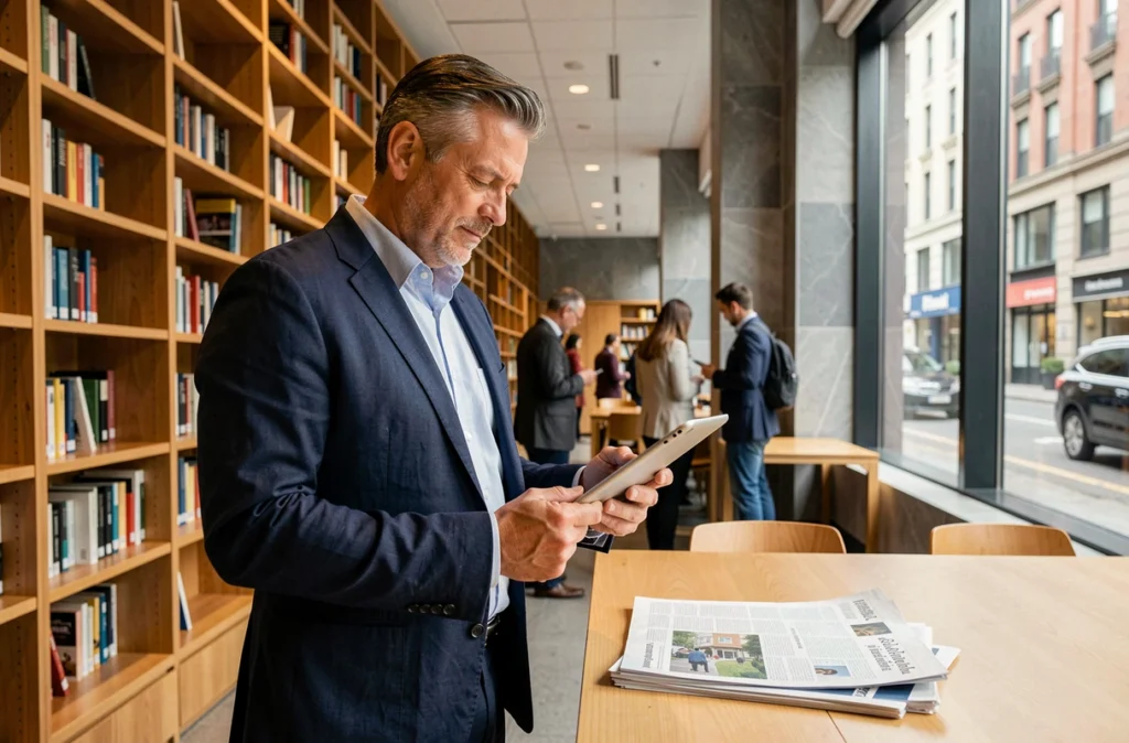 Homme comparant presse numérique et journal papier dans une bibliothèque publique moderne