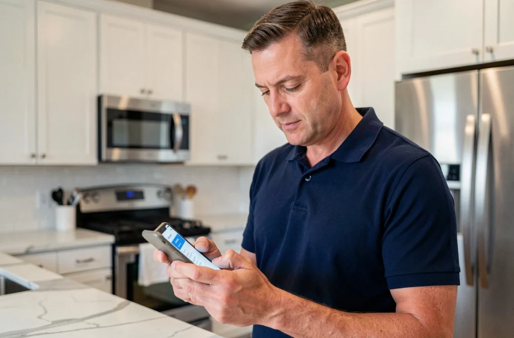 Homme consultant son abonnement Free Mobile sur smartphone dans une cuisine moderne