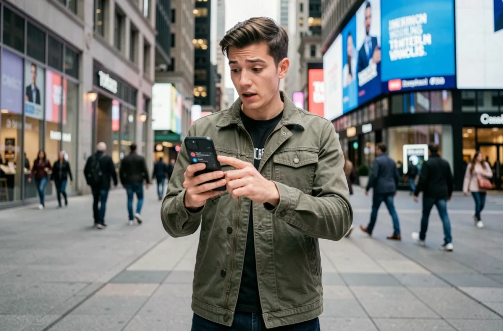 Jeune homme lisant les dernières infos et tendances sur son smartphone dans une rue animée de la ville