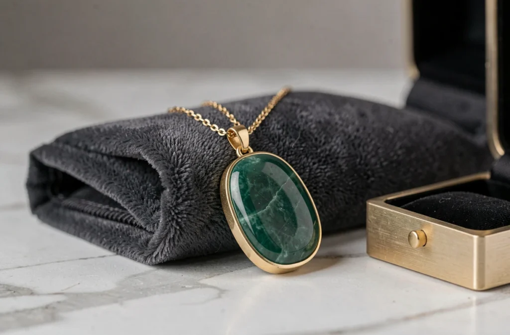 Pendentif en jade monté sur une chaîne en or posé sur du velours anthracite avec écrin ouvert