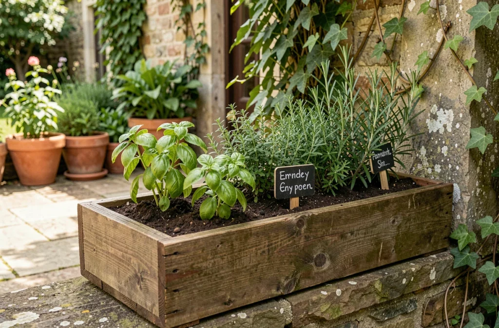 Jardinière en bois remplie de plants d'aromates avec étiquettes en ardoise dans un jardin