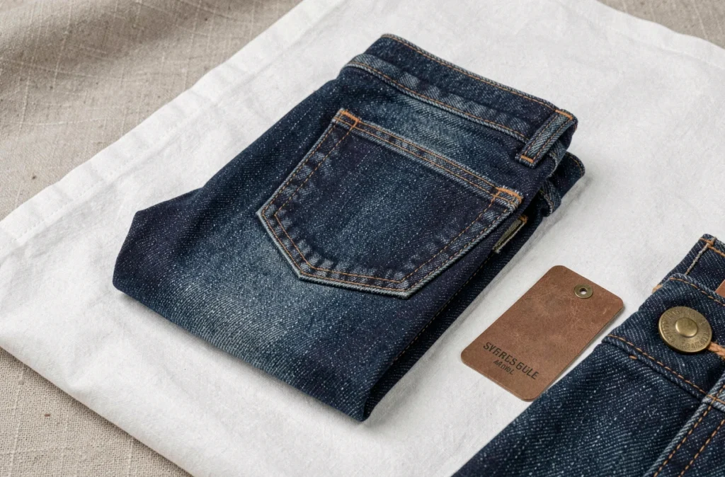 Jean brut selvedge plié montrant la couture selvedge orange et le détail des rivets en laiton