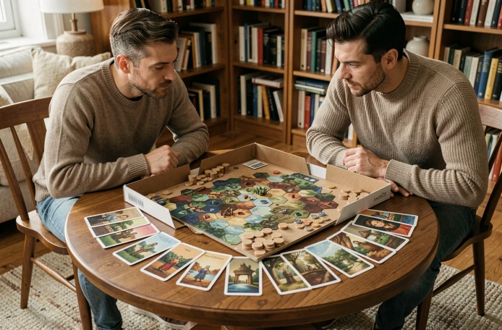 Jeu de société stratégique ouvert sur une table avec plateau de jeu et jetons en bois