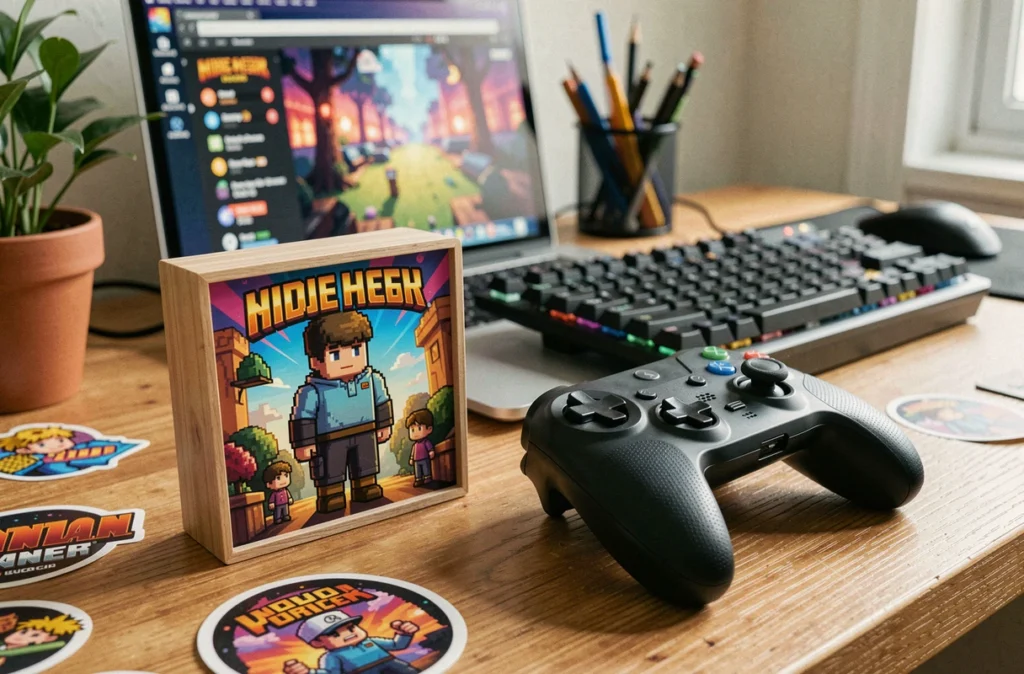 Carte cadeau pour jeu vidéo indépendant posée sur un bureau de gamer avec manette et clavier