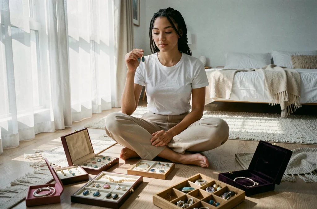 Jeune femme assise entourée de boîtes à bijoux fantaisie ouvertes comparant des boucles d'oreilles tendance