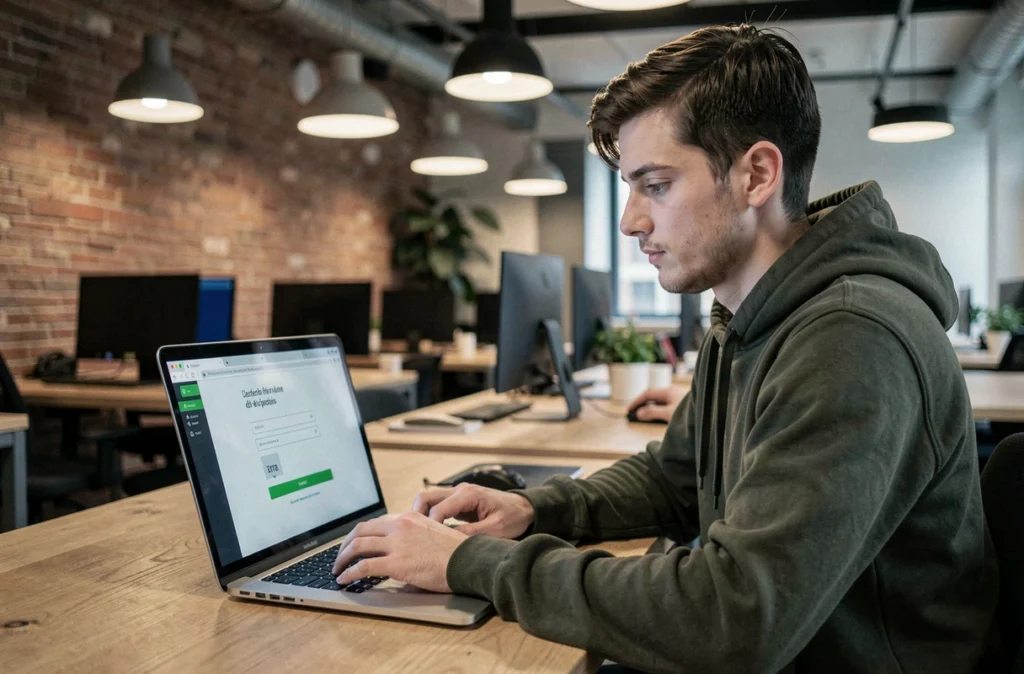 Jeune homme accédant à son espace client Free depuis un espace de coworking avec un ordinateur portable