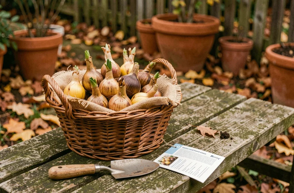 Bulbes de jonquilles dans un panier en osier sur un banc de jardin avec truelle et instructions