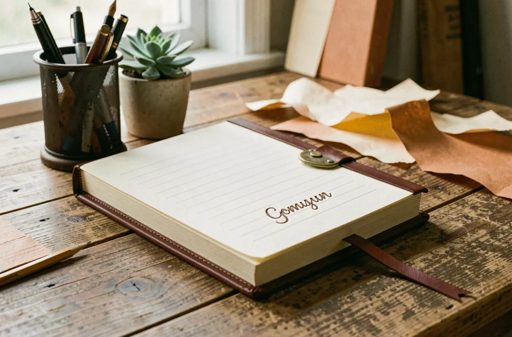 Journal intime en cuir cognac personnalisé ouvert sur un bureau en bois rustique