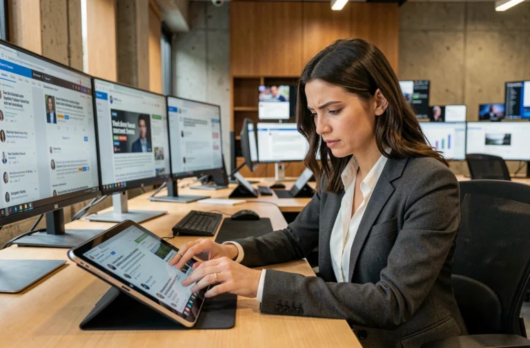 Journaliste femme consultant l'actualité en temps réel sur une tablette dans une salle de rédaction moderne