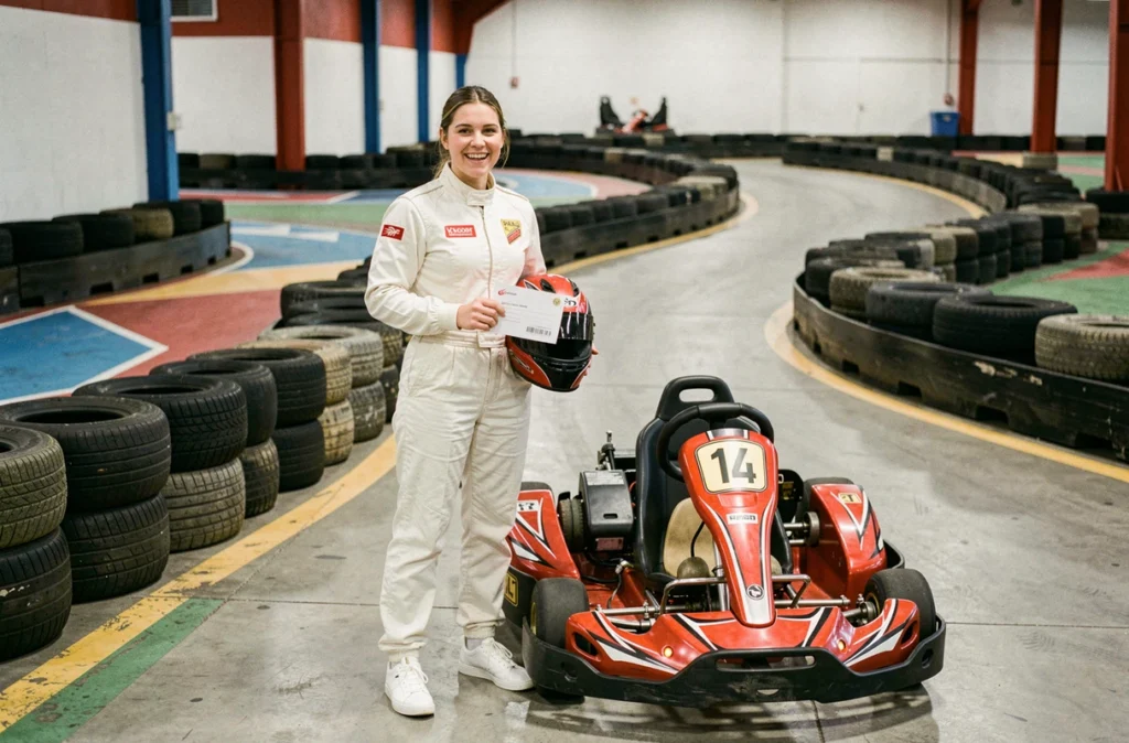 Femme en combinaison de karting tenant un bon cadeau d'expérience devant un kart rouge