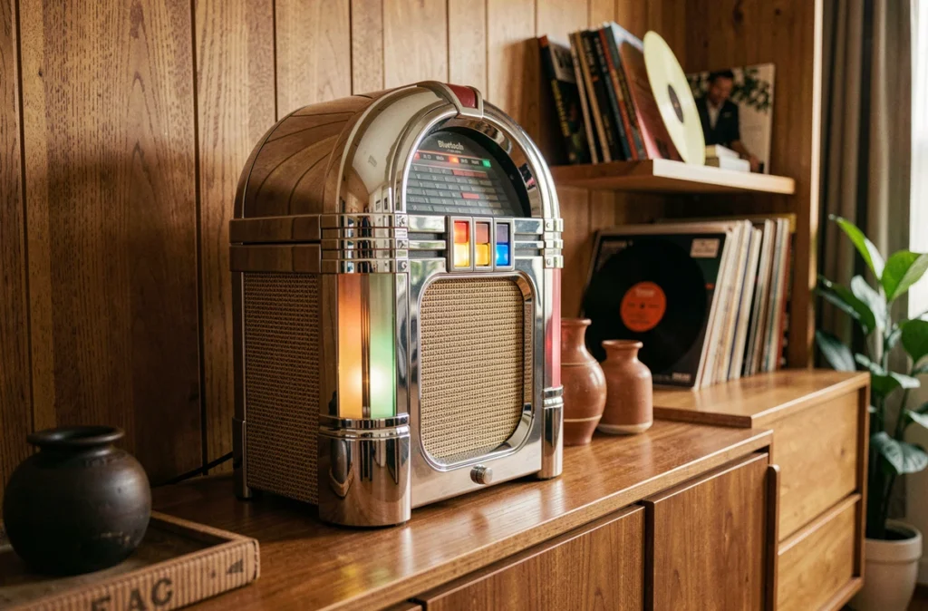 Jukebox rétro Bluetooth chromé avec boutons colorés posé sur un meuble en bois mid-century