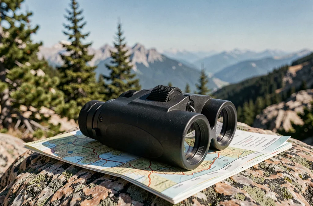 Jumelles compactes en caoutchouc posées sur une carte topographique avec paysage de montagne