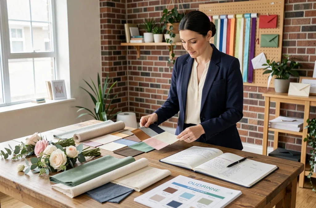 Organisatrice de mariage professionnelle travaillant sur des échantillons de tissus et un plan de table dans un studio moderne