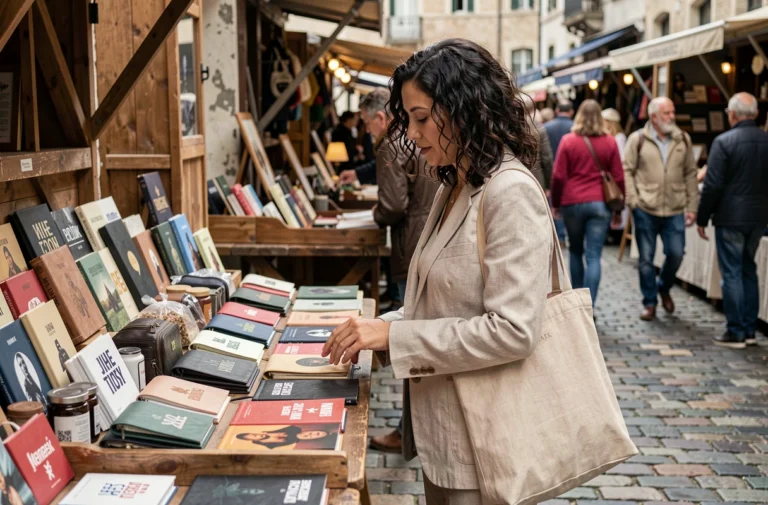 Femme parcourant une collection de références de marques variées sur un marché vintage en plein air