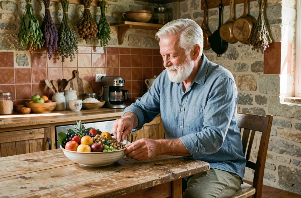 Senior homme préparant un repas sain et naturel dans une cuisine rustique traditionnelle