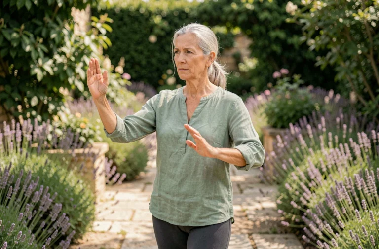 Femme senior pratiquant le tai chi dans un jardin naturel pour le bien-être et la vitalité