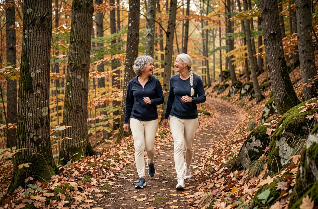 Deux femmes seniors marchant ensemble en forêt pour améliorer leur santé naturelle et leur vitalité