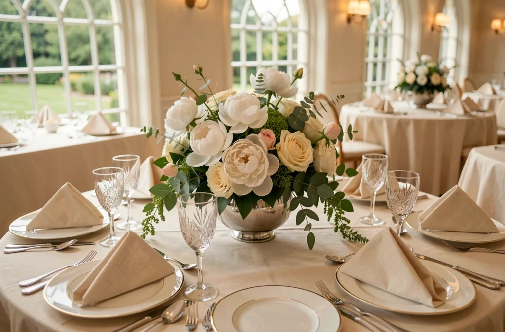Table de réception de mariage élégamment dressée avec de la vaisselle dorée, des verres en cristal et un centre de table fleuri en pivoines blanches